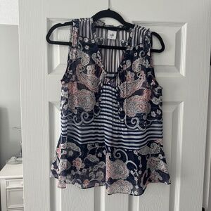 Cabi top, blue/white/orange sheer blouse size XS